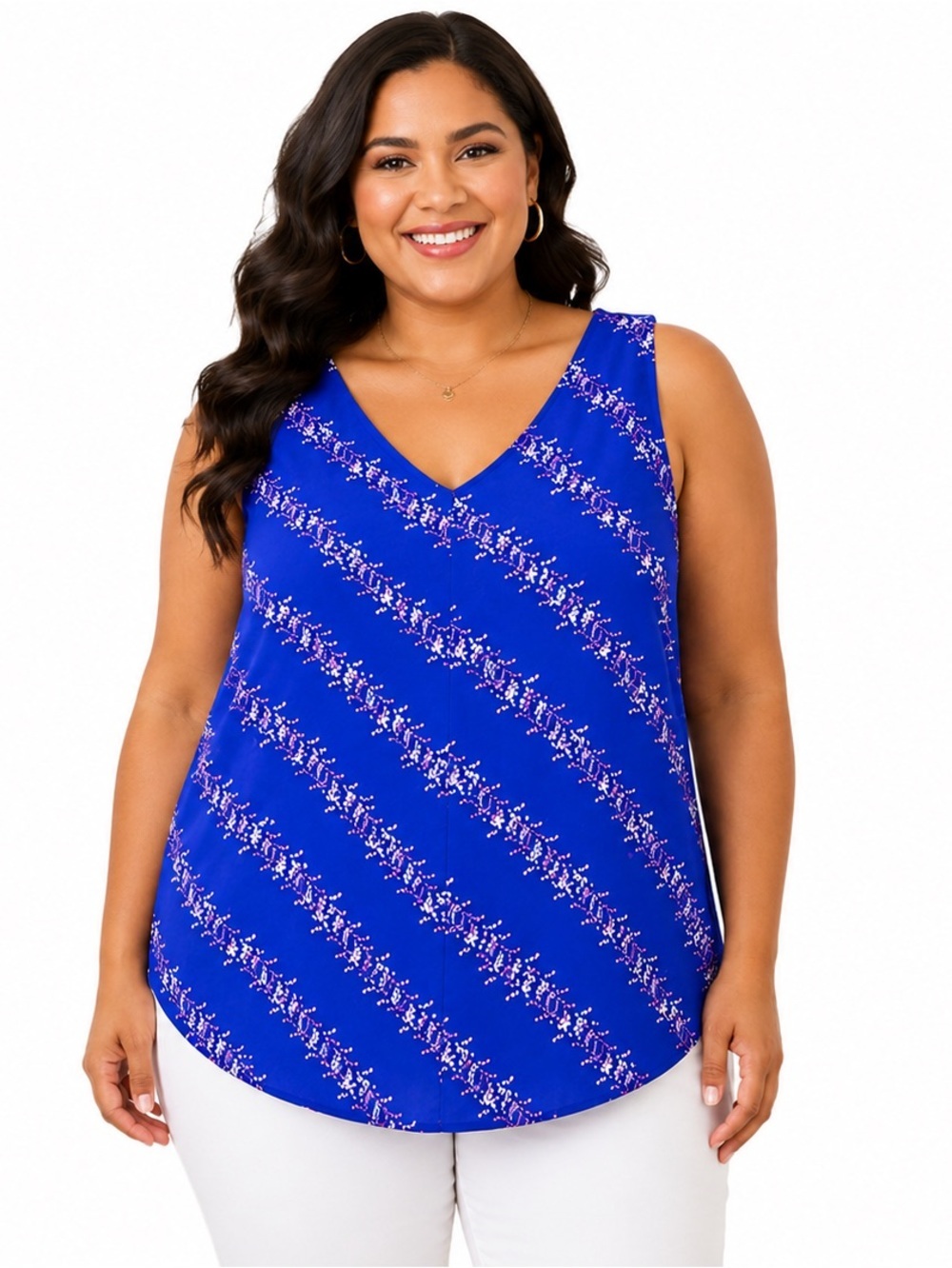 Kaari Blue Curvy Plus Size 3X Blue Floral Layered Back V-Neck Top